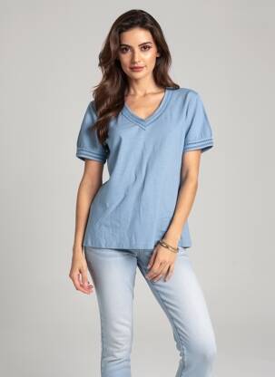 T-shirt col v manches courtes bleu POMODORO femme