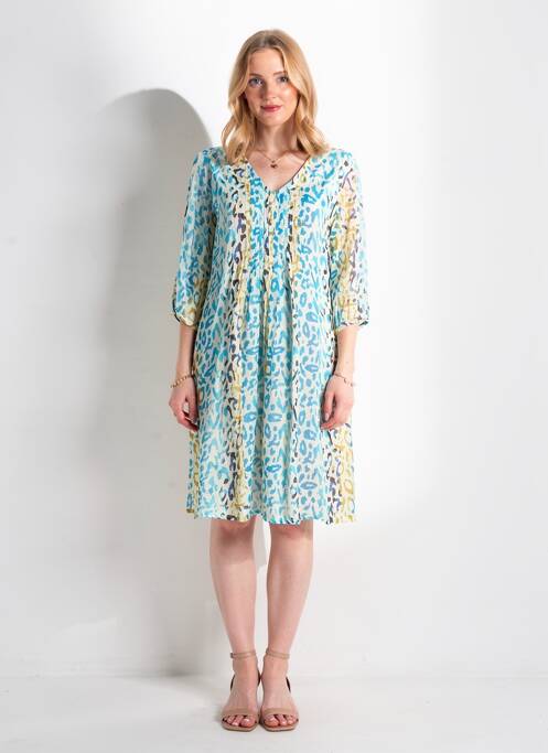 Robe mi-longue coupe fluide manches longues bleu POMODORO femme