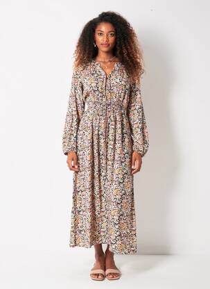 Robe longue tissage popeline manches longues noir C'EST BEAU LA VIE femme