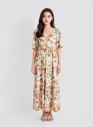 Robe longue manches courtes manches courtes orange DEELUXE femme