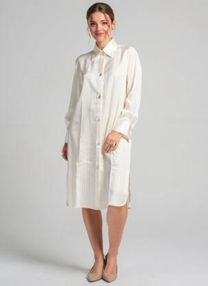 Robe mi-longue coupe fluide manches longues beige LUNA DI SETA femme
