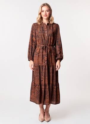 Robe longue imprimé fantaisie manches longues marron RUE DES ABBESSES femme