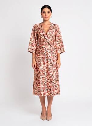 Robe longue imprimé fantaisie manches 3/4 marron PAKO LITTO femme
