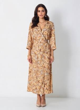 Robe longue imprimé fantaisie manches 3/4 beige PAKO LITTO femme