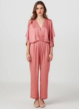 Combi-pantalon col cache-coeur manches courtes rose SEE U SOON femme