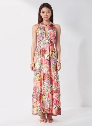 Robe longue imprimé fleurs fines bretelles rose SEE U SOON femme
