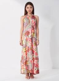 Robe longue imprimé fleurs fines bretelles rose SEE U SOON femme