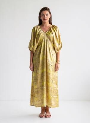 Robe longue imprimé fantaisie manches courtes vert SEE U SOON femme