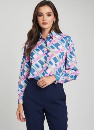 Chemisier imprimé fantaisie manches longues bleu B.YOUNG femme