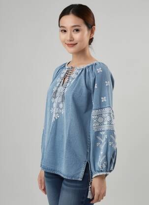 Blouse col rond manches longues bleu STUDIO PARISIEN femme
