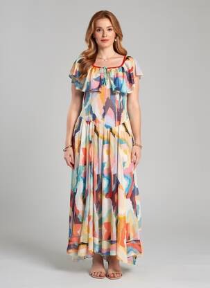 Robe longue imprimé fantaisie manches courtes bleu FORTE-FORTE femme