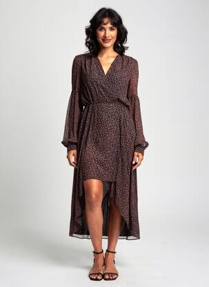 Robe mi-longue coupe fluide manches longues noir IDANO femme