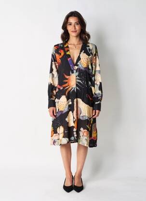 Robe mi-longue imprimé fantaisie manches longues noir HOD femme