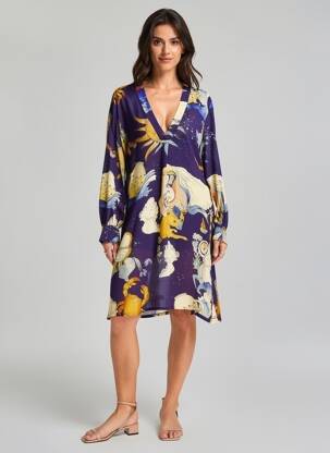 Robe mi-longue imprimé fantaisie manches longues bleu HOD femme