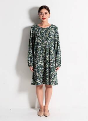 Robe mi-longue imprimé fantaisie manches longues vert LILY & ME femme
