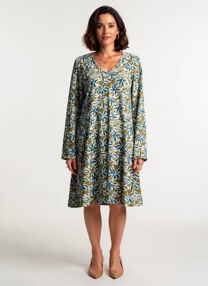Robe mi-longue imprimé fantaisie manches longues vert MD'M femme