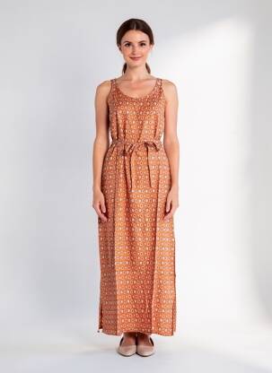 Robe longue imprimé fantaisie fines bretelles marron COTON DU MONDE femme