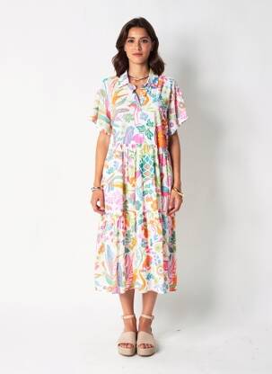 Robe mi-longue imprimé fantaisie manches courtes blanc ORIENTIQUE NATURALLY femme