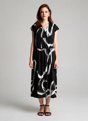 Robe mi-longue imprimé fantaisie manches courtes noir SUZA femme