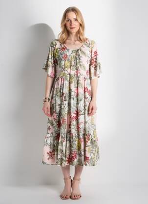 Robe mi-longue imprimé fantaisie manches courtes rose ORIENTIQUE NATURALLY femme
