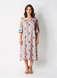 Robe mi-longue imprimé fantaisie manches courtes rose ORIENTIQUE NATURALLY femme