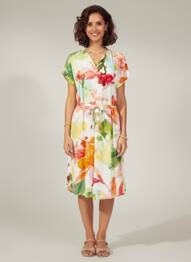 Robe mi-longue imprimé fantaisie manches courtes blanc SUZA femme