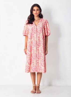 Robe mi-longue imprimé fantaisie manches courtes rose JULIE GUERLANDE femme
