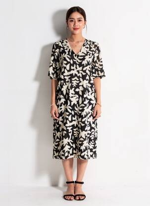 Robe mi-longue imprimé fantaisie manches courtes noir GARCIA femme