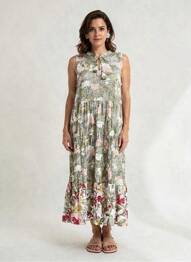 Robe longue imprimé fantaisie sans manche vert ORIENTIQUE NATURALLY femme