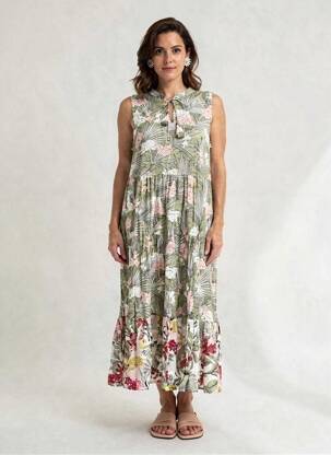 Robe longue imprimé fantaisie sans manche vert ORIENTIQUE NATURALLY femme