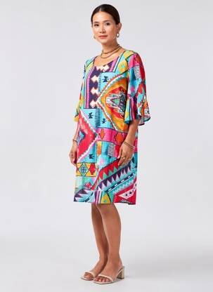 Robe mi-longue manches 3/4 manches 3/4 bleu ORIENTIQUE NATURALLY femme