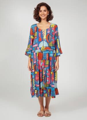 Robe mi-longue manches 3/4 manches 3/4 bleu ORIENTIQUE NATURALLY femme
