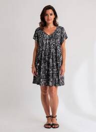 Robe mi-longue imprimé fantaisie manches courtes noir ORIENTIQUE NATURALLY femme