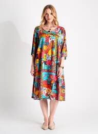 Robe mi-longue imprimé fantaisie manches courtes bleu ORIENTIQUE NATURALLY femme