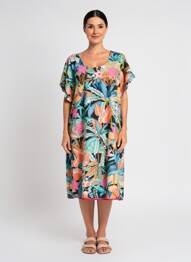 Robe mi-longue imprimé fantaisie manches courtes bleu ORIENTIQUE NATURALLY femme