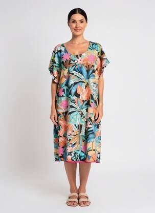 Robe mi-longue imprimé fantaisie manches courtes bleu ORIENTIQUE NATURALLY femme