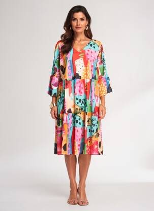 Robe mi-longue imprimé fantaisie manches longues rouge ORIENTIQUE NATURALLY femme