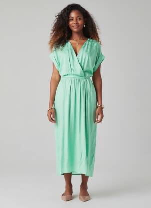 Robe longue tissage popeline manches courtes vert SUNCOO femme