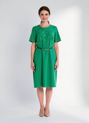 Robe mi-longue tissage crêpe manches courtes vert SONIA K femme