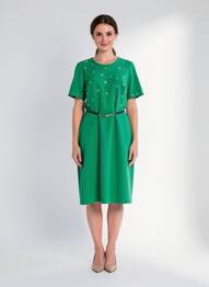 Robe mi-longue tissage crêpe manches courtes vert SONIA K femme