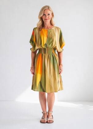 Robe mi-longue imprimé fantaisie manches courtes vert YES.ZEE femme