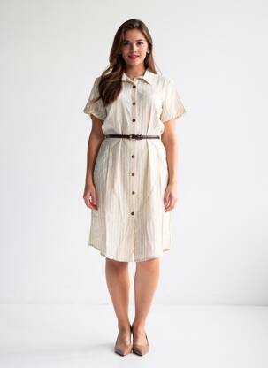 Robe mi-longue tissage crêpe manches courtes beige AURA BY FIGURE LIBRE femme