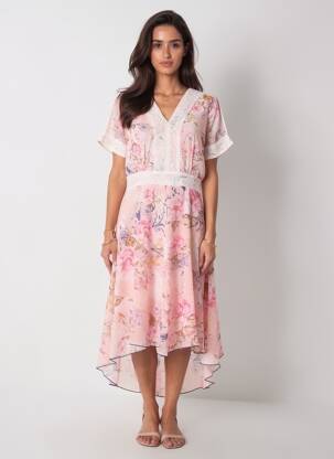 Robe mi-longue imprimé fleurs manches courtes rose AURA BY FIGURE LIBRE femme