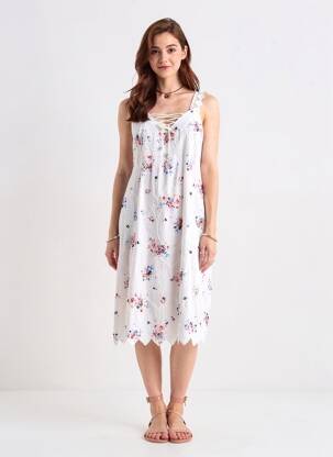Robe mi-longue imprimé fleurs fines bretelles blanc AURA BY FIGURE LIBRE femme