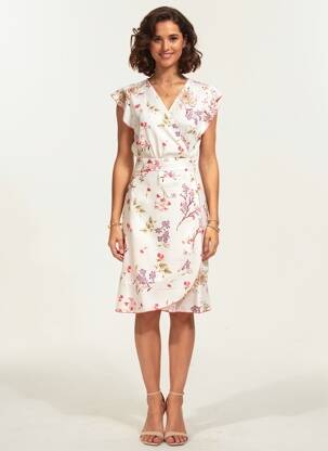 Robe mi-longue imprimé fleurs manches courtes beige AURA BY FIGURE LIBRE femme