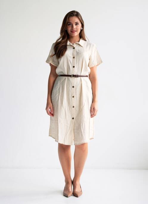 Robe mi-longue tissage crêpe manches courtes beige AURA BY FIGURE LIBRE femme