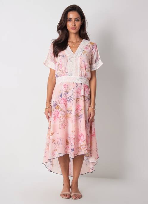 Robe mi-longue imprimé fleurs manches courtes rose AURA BY FIGURE LIBRE femme