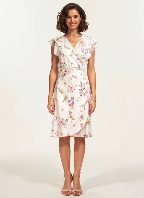Robe mi-longue imprimé fleurs manches courtes beige AURA BY FIGURE LIBRE femme