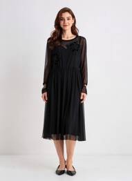 Robe mi-longue coupe fluide manches longues noir VOODOO femme