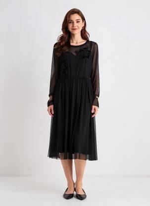 Robe mi-longue coupe fluide manches longues noir VOODOO femme